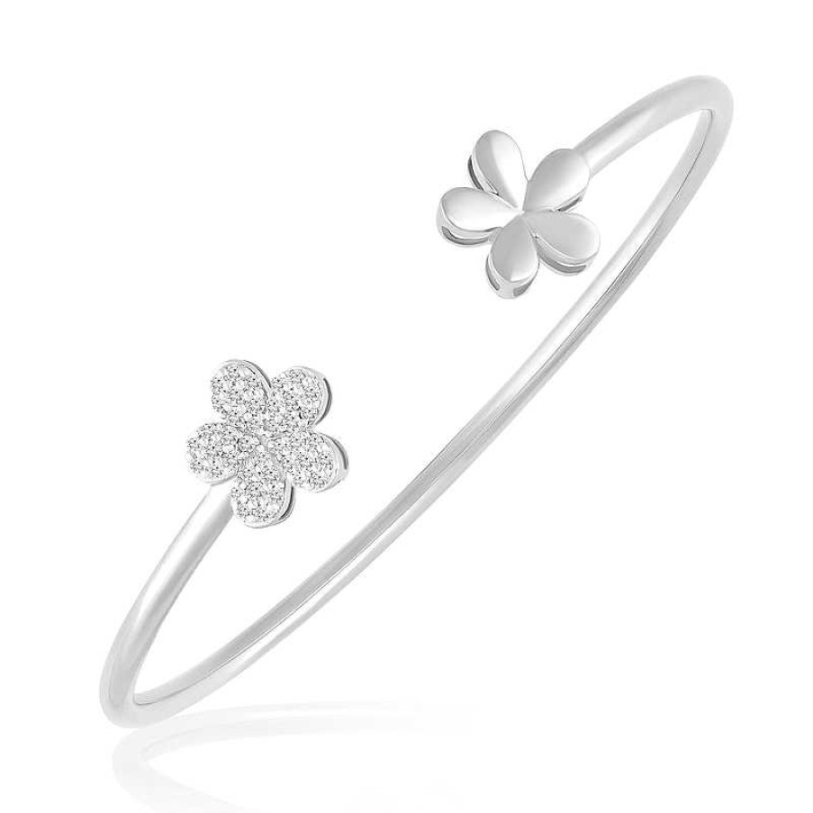 Zales 1/3 Ct. T.W. Diamond Flower Open Bangle In 10K White Gold Bracelets