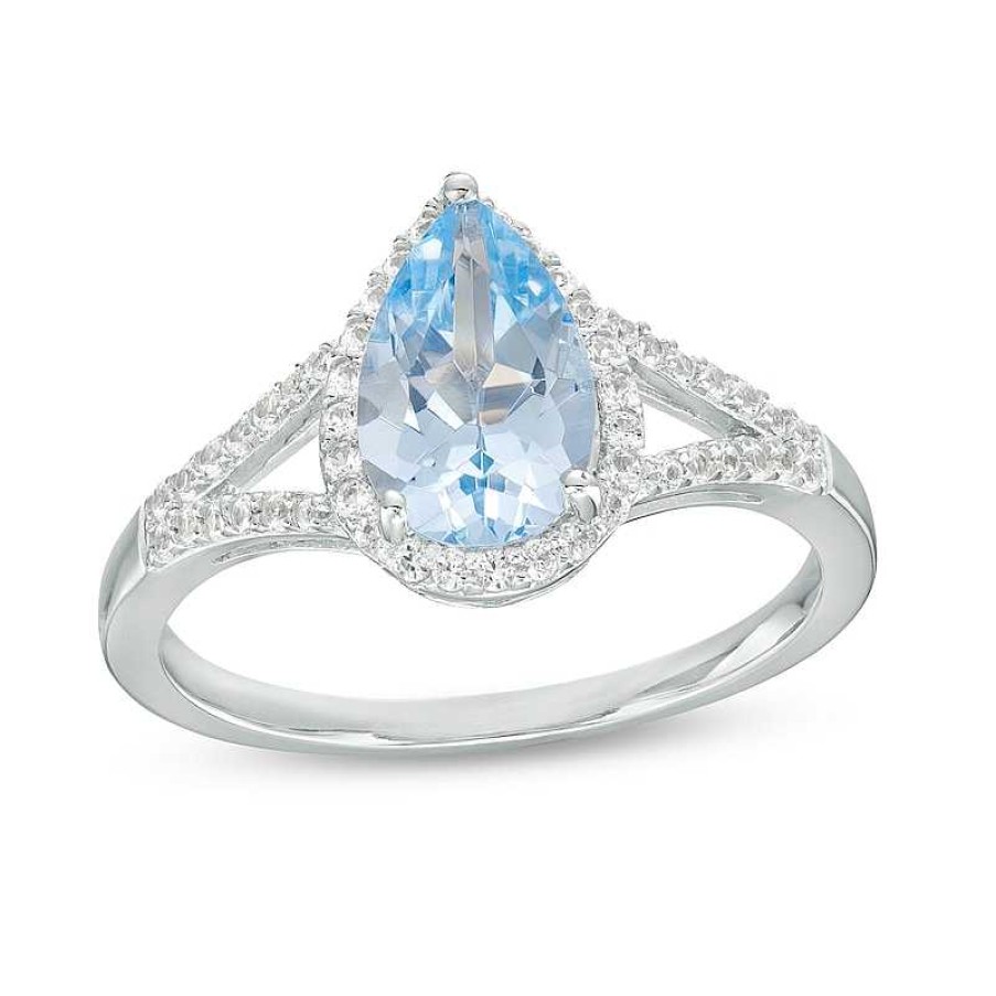 Zales Pear-Shaped Blue Lab-Created Spinel And White Lab-Created Sapphire Frame Split Shank Ring In Sterling Silver Rings