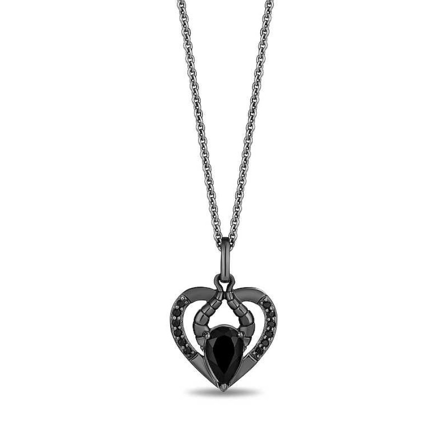 Zales Enchanted Disney Pear-Shaped Onyx And Pink Lab-Created Sapphire With Diamond Two Piece Heart Pendant Set In Silver Necklaces