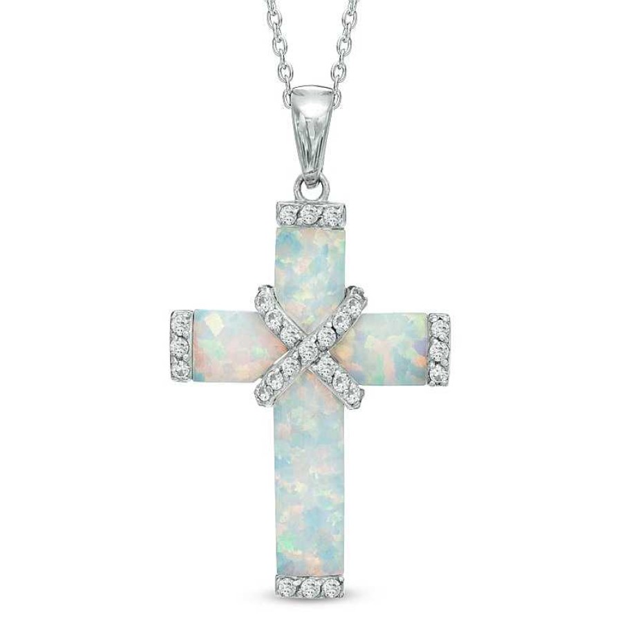 Zales Lab-Created Opal And White Sapphire Wrap Cross Pendant In Sterling Silver Necklaces