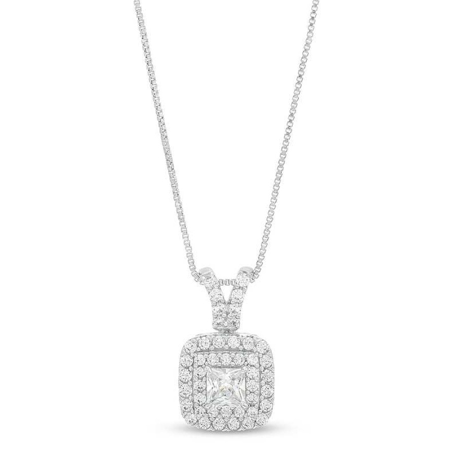 Zales 1 Ct. T.W. Certified Princess-Cut Lab-Created Diamond Double Cushion-Shaped Frame Pendant In 14K White Gold (F/Si2) Necklaces