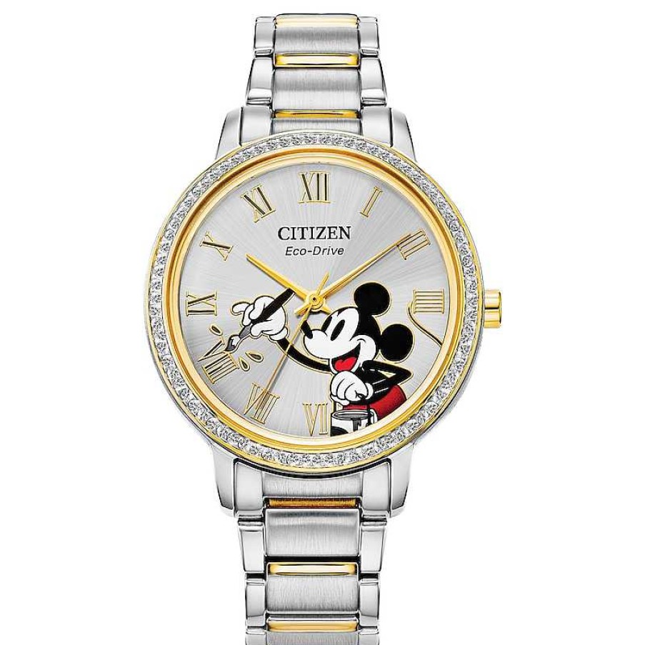 Citizen Ladies' Citizen Eco-Drive® Mickey Mouse Painter Crystal Accent Two-Tone Watch With Silver-Tone Dial (Model: Fe7044-52W) Watches