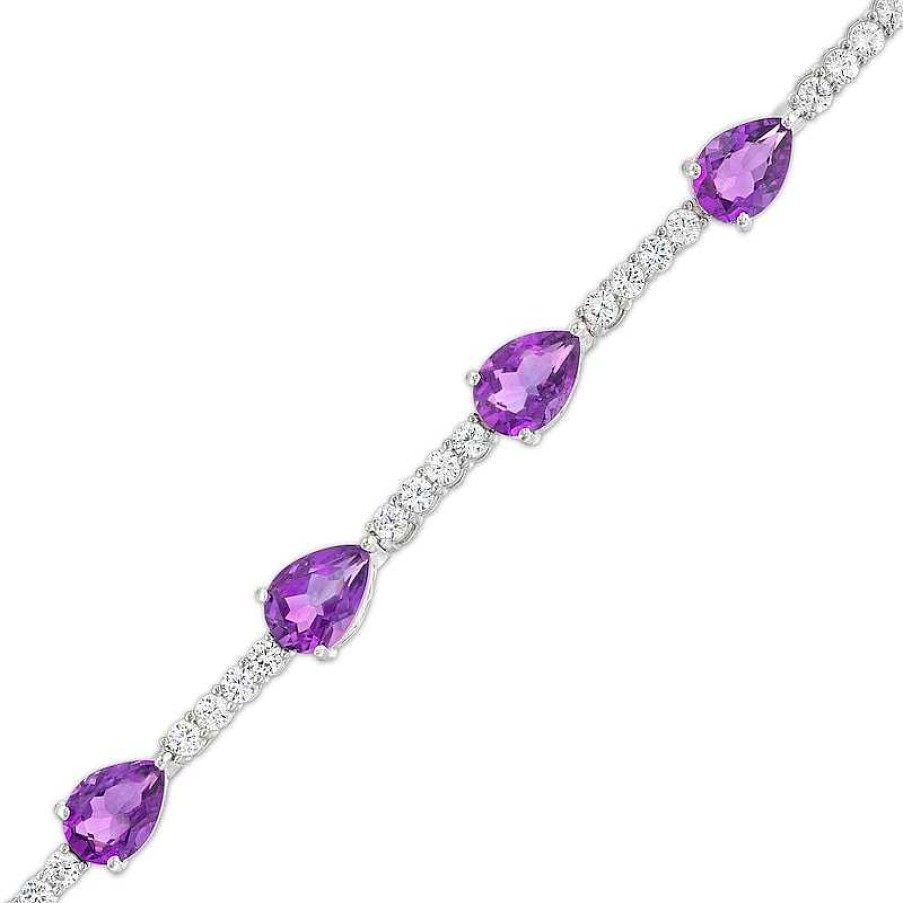 Zales Pear-Shaped Amethyst And White Lab-Created Sapphire Station Line Bracelet In Sterling Silver - 7.25" Bracelets