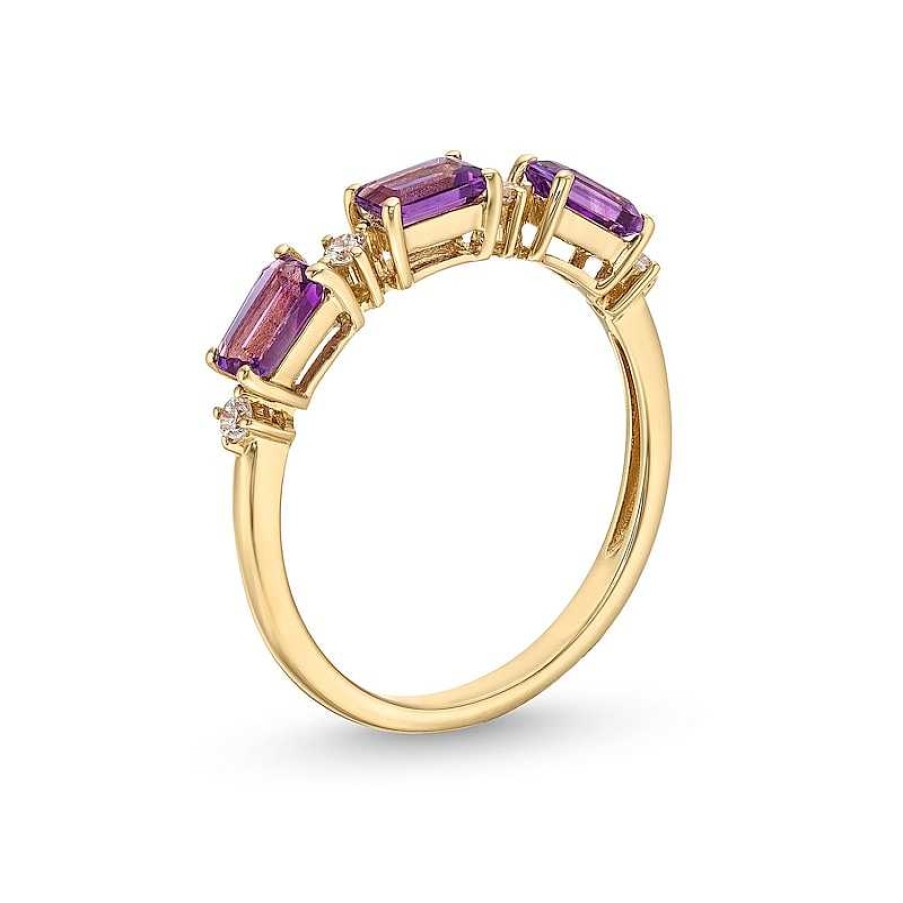 Zales Sideways Emerald-Cut Amethyst And 1/15 Ct. T.W. Diamond Alternating Three Stone Ring In 10K Gold Rings