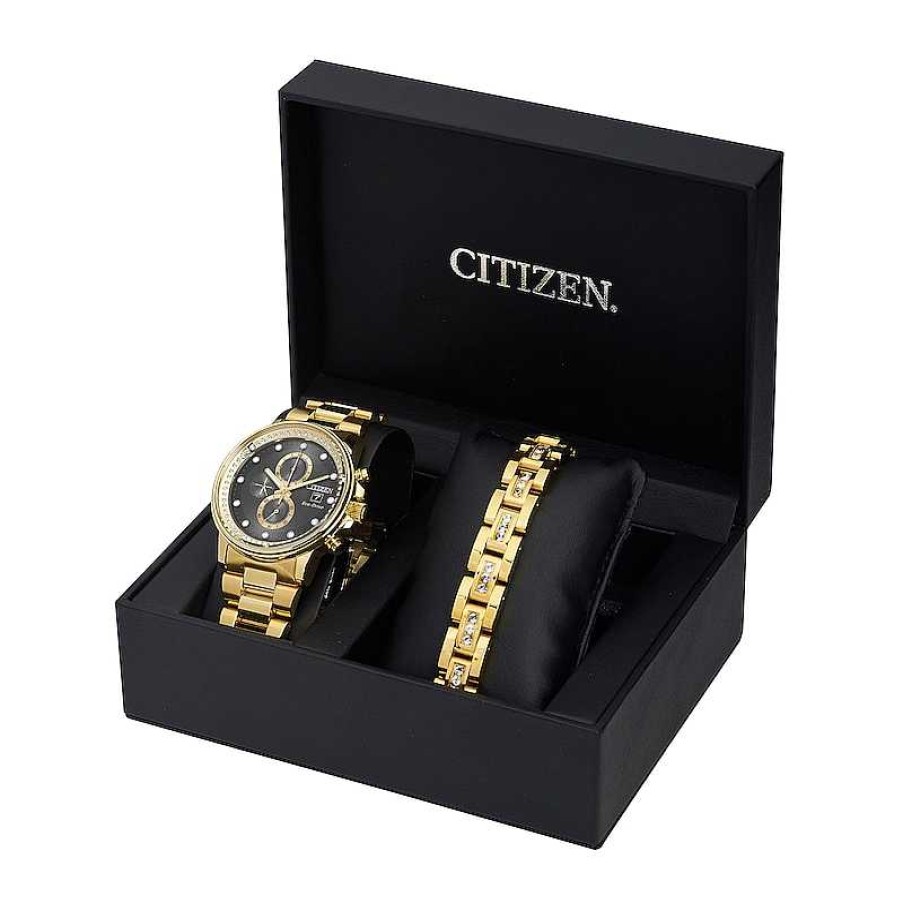 Citizen Men'S Citizen Eco-Drive® Nighthawk Crystal Accent Gold-Tone Chronograph Watch And Bracelet Box Set (Model: Fb3002-61E) Watches