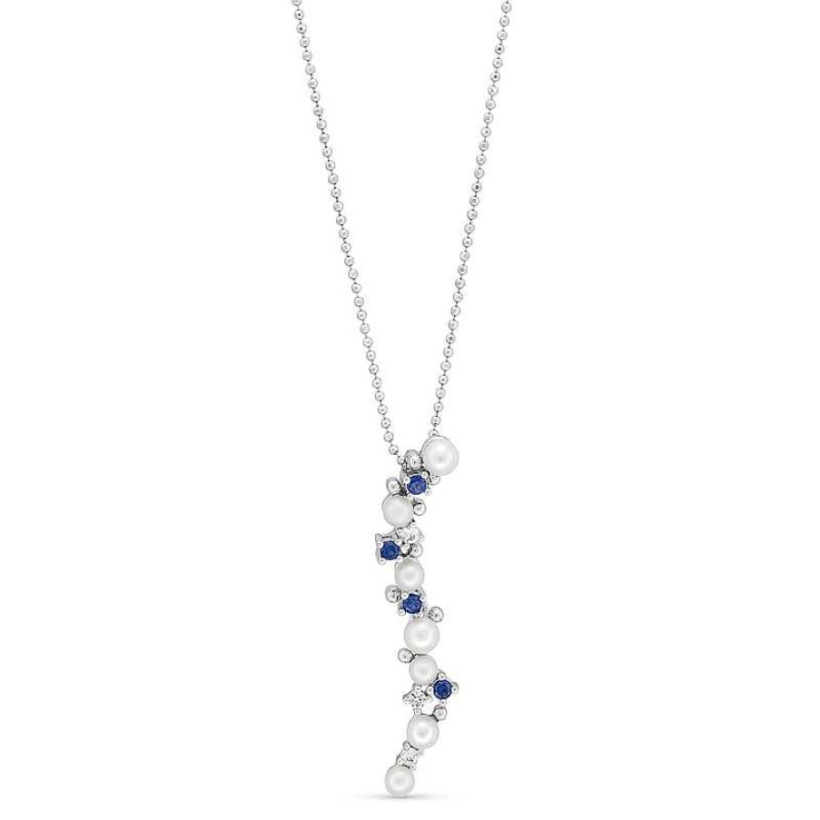 Zales Journey Cultured Freshwater Pearl, Blue And White Lab-Created Sapphire Curved Drop Pendant In Sterling Silver Necklaces