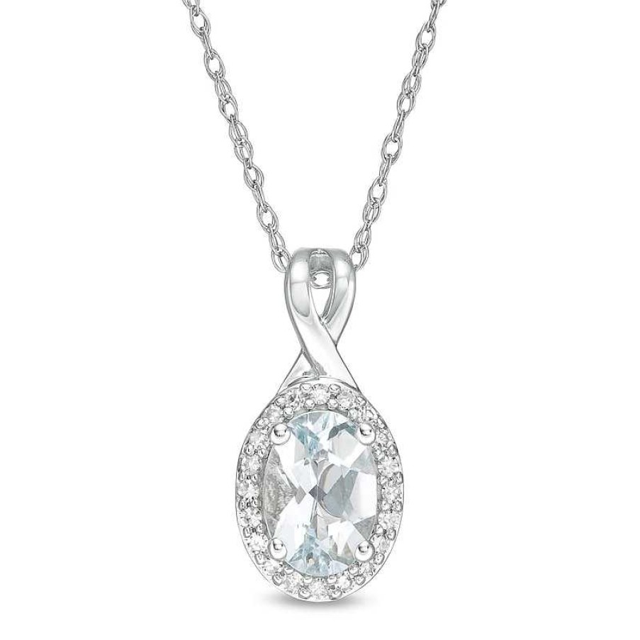 Zales Oval Aquamarine And 1/15 Ct. T.W. Diamond Frame Pendant In 10K White Gold Necklaces