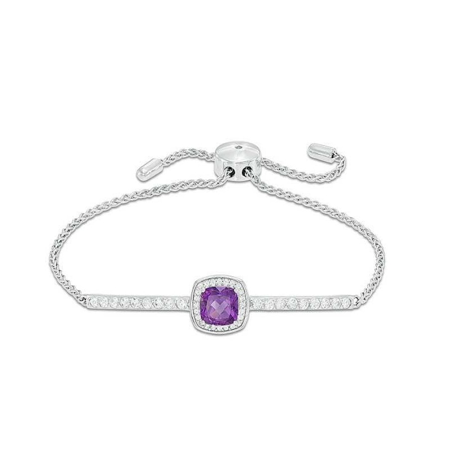 Zales 7.0Mm Cushion-Cut Amethyst And Lab-Created White Sapphire Frame Bolo Bracelet In Sterling Silver - 9.0" Bracelets