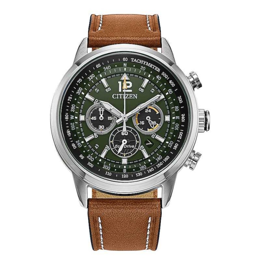 Citizen Men'S Citizen Eco-Drive® Avion Chronograph Brown Leather Strap Watch With Green Dial (Model:Ca4477-08X) Watches