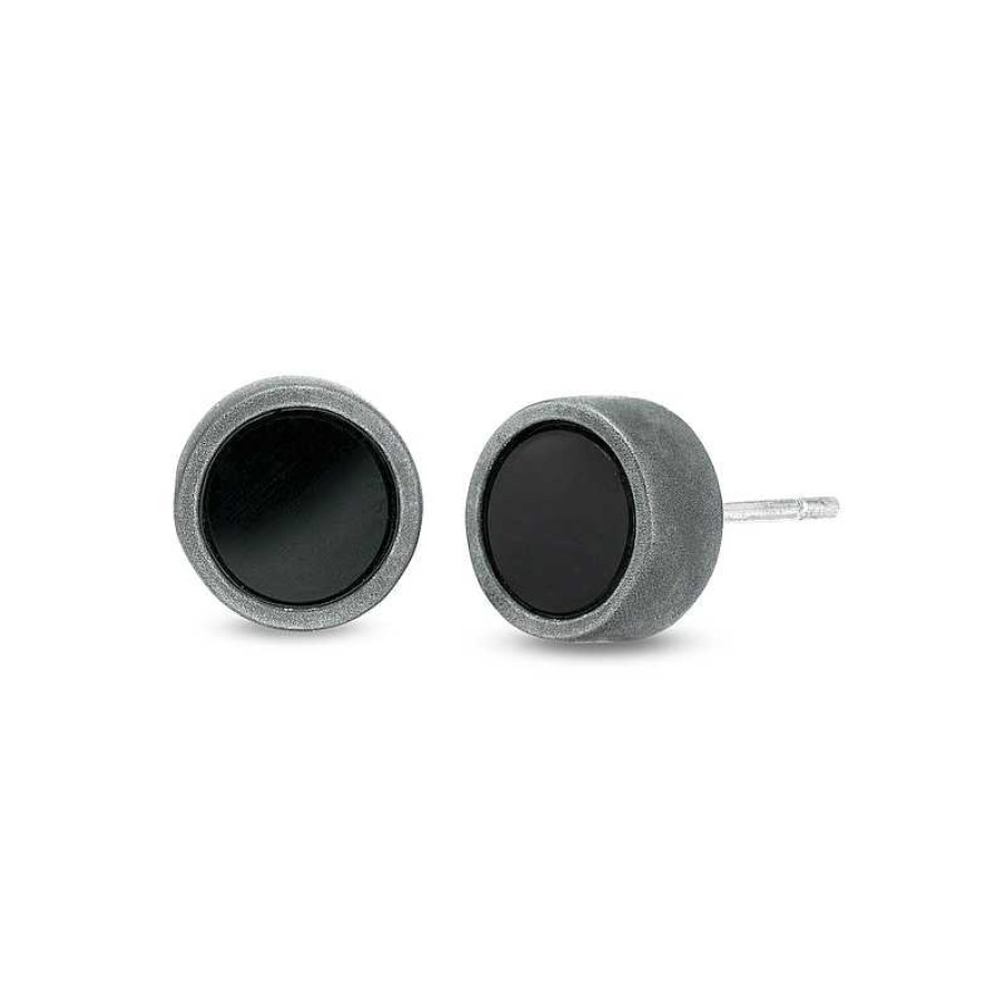 Zales Vera Wang Men 6.0Mm Onyx Sandblast Stud Earrings In Sterling Silver And Black Ruthenium Earrings