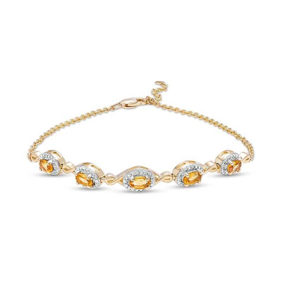 Zales Oval Citrine And Diamond Accent Twist Five Stone Bracelet In 10K Gold 8.0" Bracelets