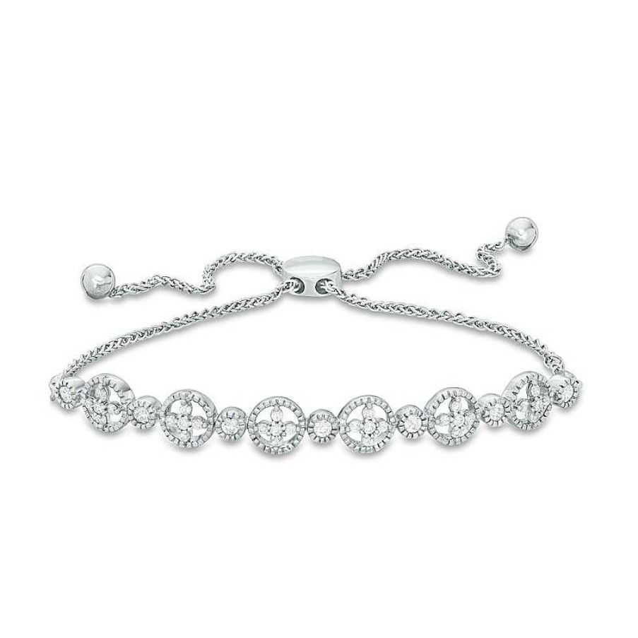 Zales 1/2 Ct. T.W. Diamond Flower And Circle Vintage-Style Bolo Bracelet In Sterling Silver - 9.5" Bracelets