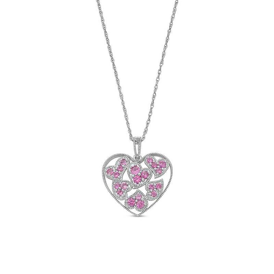 Zales Pink Lab-Created Sapphire Scatter Hearts Open Frame Pendant In Sterling Silver Necklaces