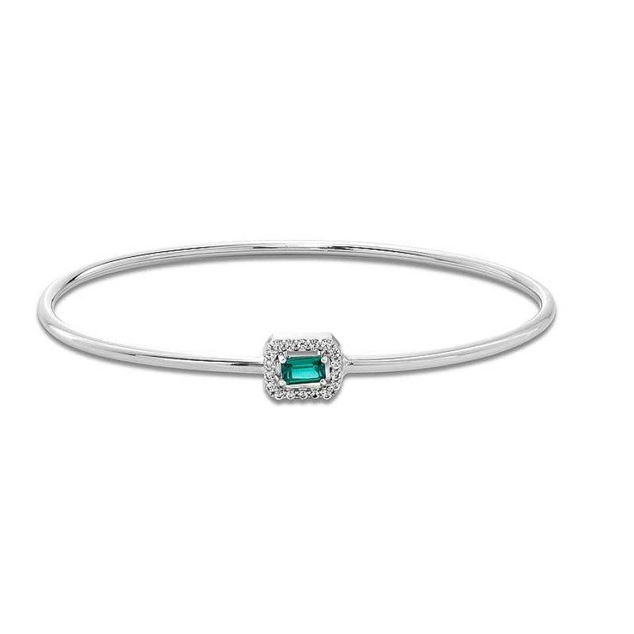 Zales Sideways Emerald-Cut Lab-Created Emerald And White Lab-Created Sapphire Frame Flexible Bangle In Sterling Silver Bracelets