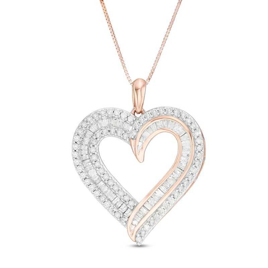 Zales 1 Ct. T.W. Baguette And Round Diamond Double Row Heart Pendant In 10K Rose Gold Necklaces