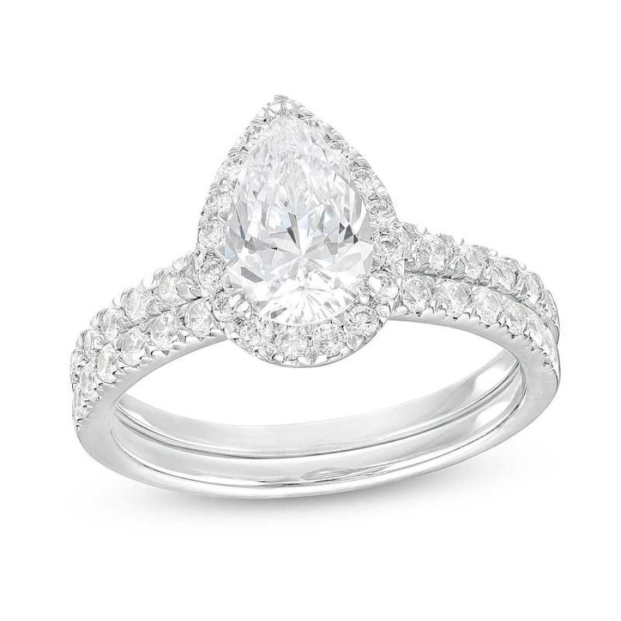 Zales 1-3/4 Ct. T.W. Certified Pear-Shaped Lab-Created Diamond Frame Bridal Set In 14K White Gold (I/Si2) Rings