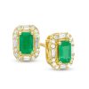 Zales Emerald-Cut Emerald And 1/6 Ct. T.W. Baguette And Round Diamond Frame Stud Earrings In 10K Gold Earrings