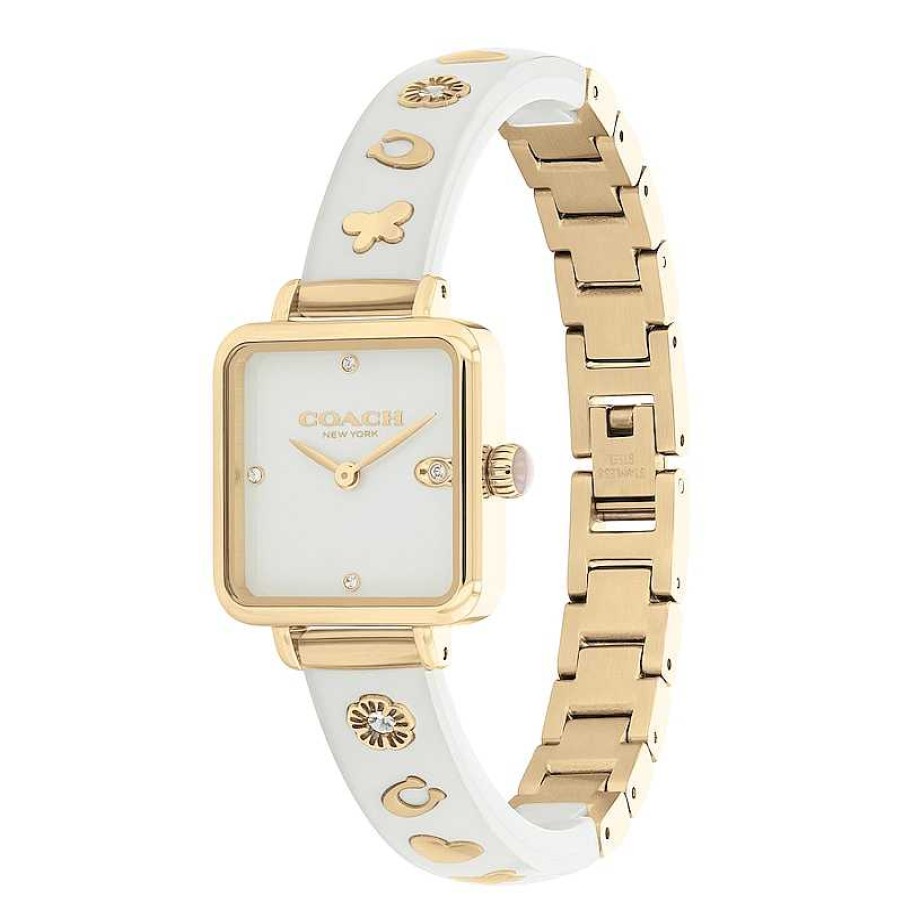 Coach Ladies' Coach Cass Crystal Accent Gold-Tone Ip White Resin Bangle Watch With Square White Dial (Model: 14504308) Watches