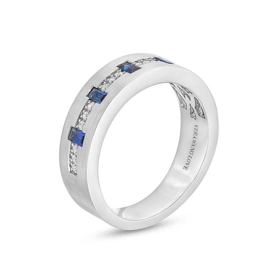 Zales Vera Wang Love Collection Men'S Baguette Blue Sapphire And 1/8 Ct. T.W. Diamond Band In 14K White Gold Rings