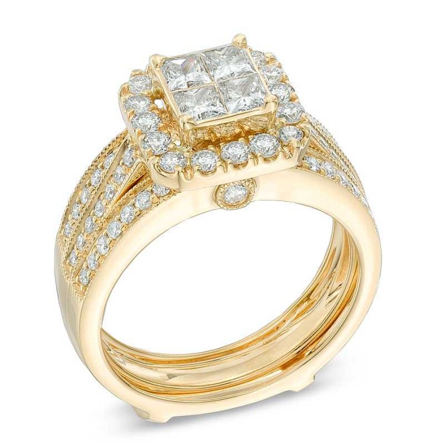 Zales 1-1/2 Ct. T.W. Quad Princess-Cut Diamond Frame Bridal Set In 14K Gold Rings