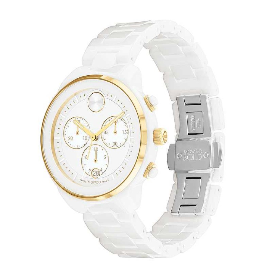 Movado Ladies' Movado Bold® Verso Gold-Tone Ip And White Ceramic Chronograph Watch With White Dial (Model: 3600933) Watches