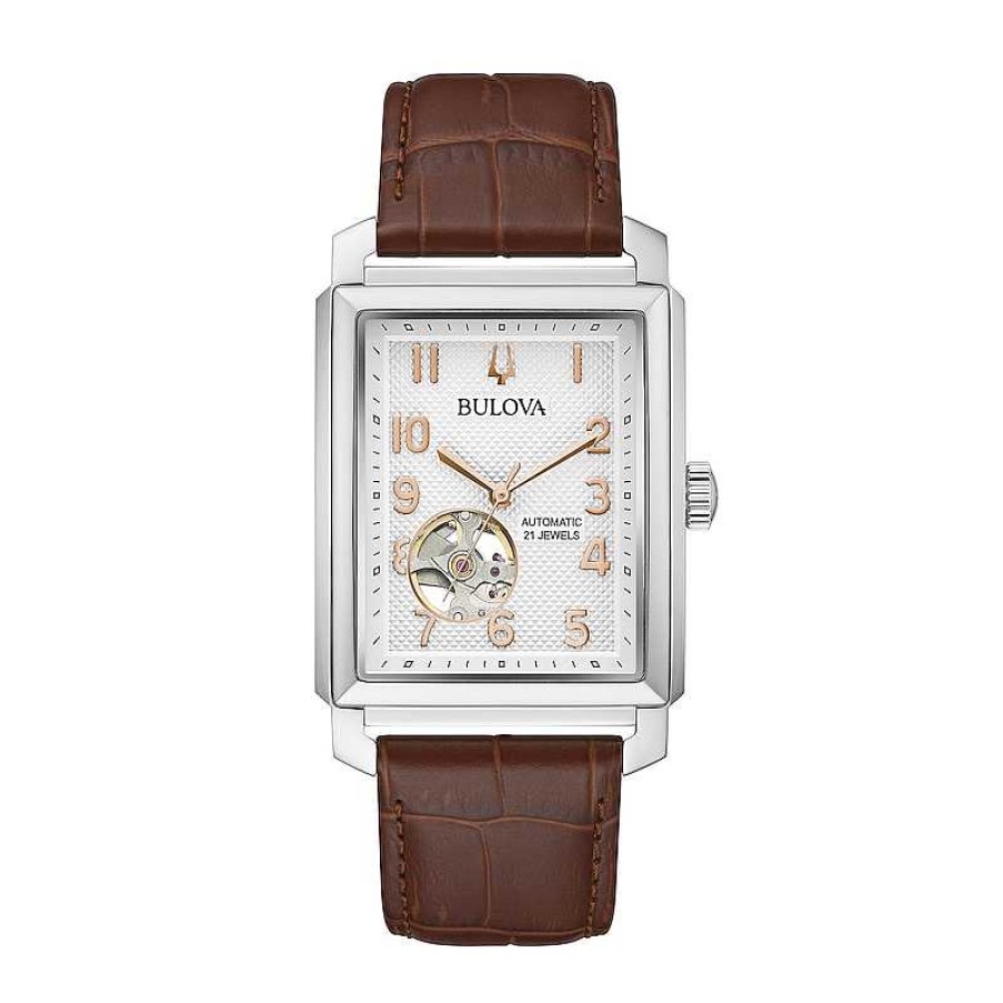 Bulova Men'S Bulova Sutton Automatic Strap Watch With Rectangular Silver-Tone Skeleton Dial (Model: 96A268) Watches