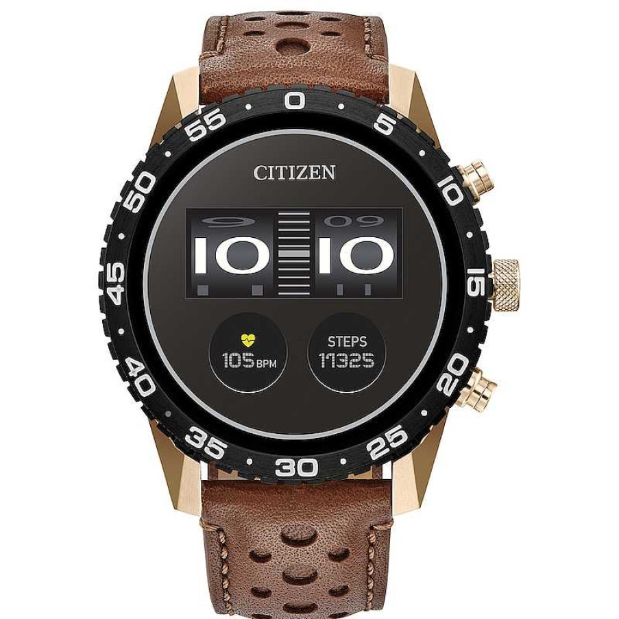 Citizen Citizen Cz Smart Pq2 Sport Two-Tone Digital Brown Leather Strap Watch With Black Dial (Model: Mx1016-28X) Watches