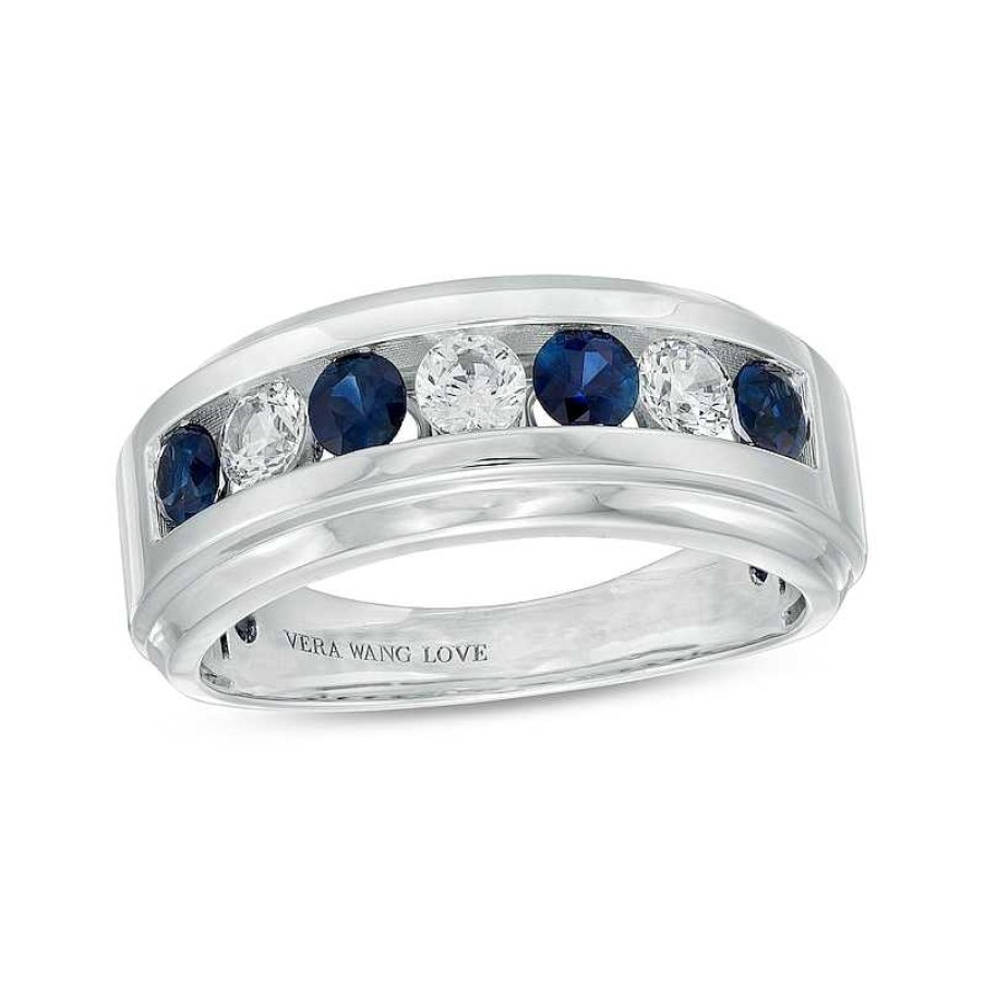 Zales True Lab-Created Diamonds By Vera Wang Love Men'S 1/2 Ct. T.W. With Blue Sapphires Wedding Band In 14K White Gold Rings