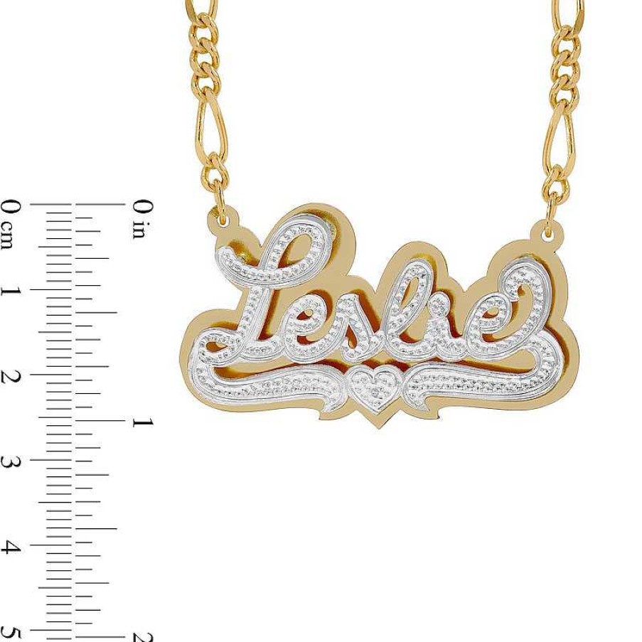 Zales Diamond Accent Hammered Script Name And Heart Ribbon Plate Necklace In Sterling Silver And 14K Gold Over Silver (1 Line) Necklaces