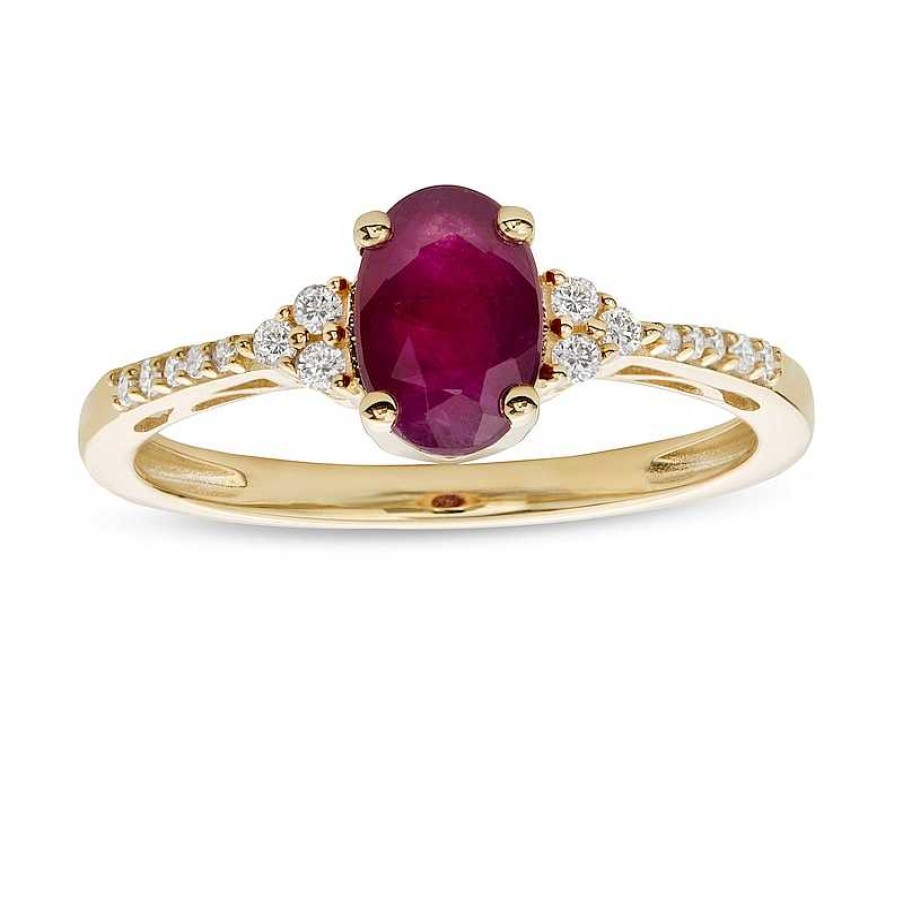 Zales Oval Certified Ruby And 1/10 Ct. T.W. Diamond Tri-Sides Ring In 10K Gold Rings