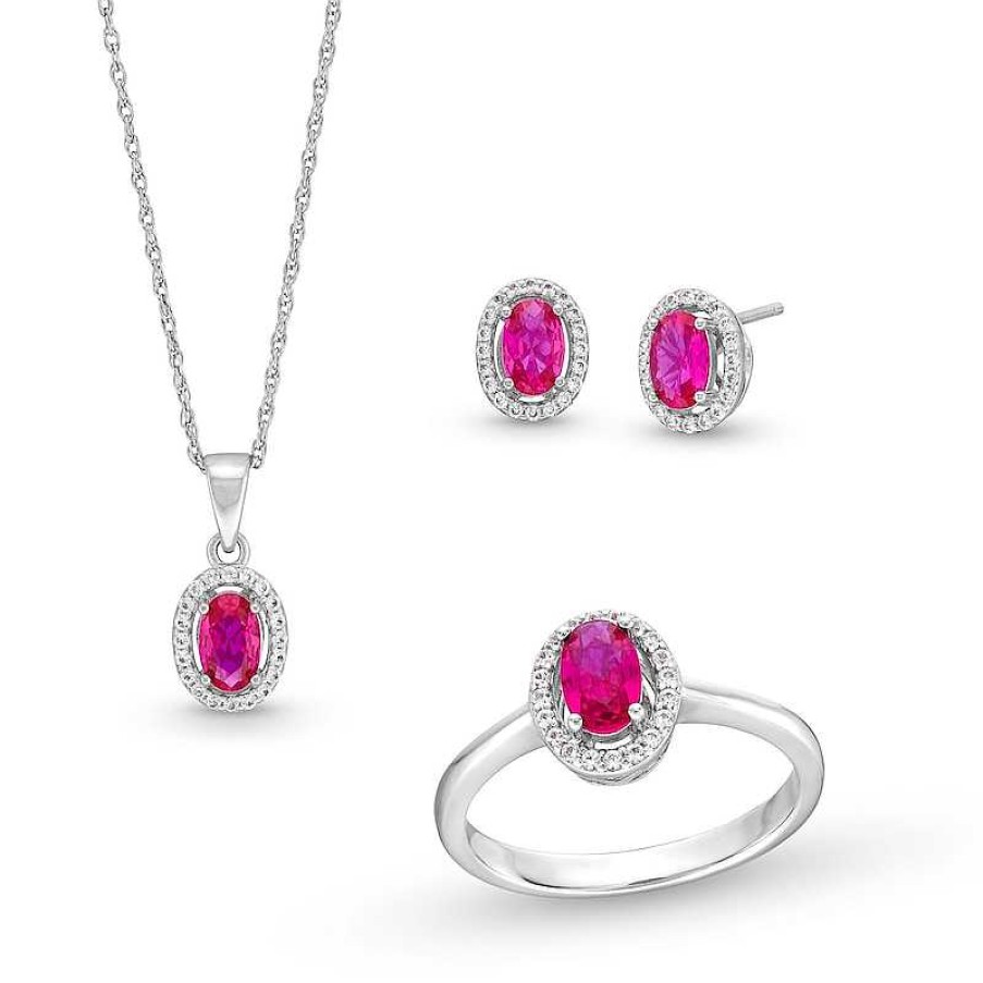 Zales Oval Lab-Created Ruby And White Lab-Created Sapphire Frame Pendant, Ring And Stud Earrings Set In Sterling Silver Earrings