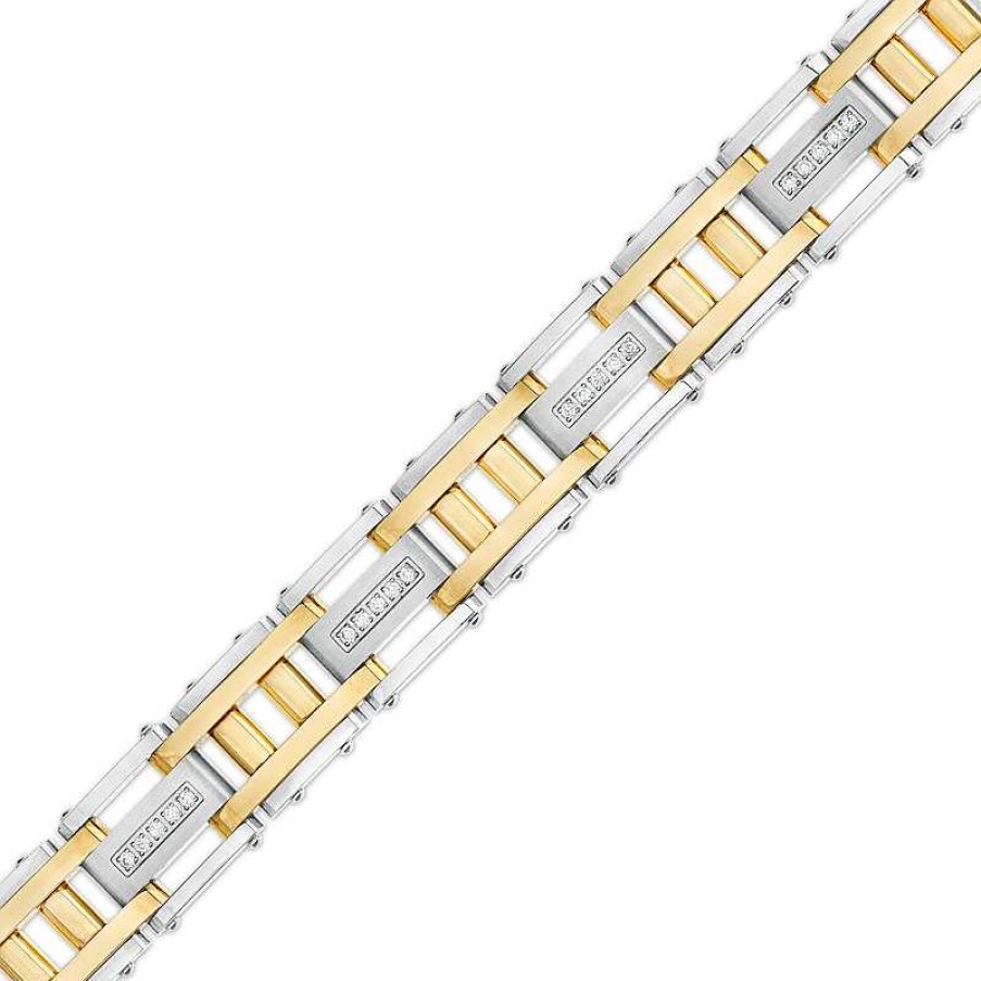 Zales Men'S 1/2 Ct. T.W. Diamond Double Column Brushed Link Bracelet In Stainless Steel With Yellow Ion Plate 8.62" Bracelets