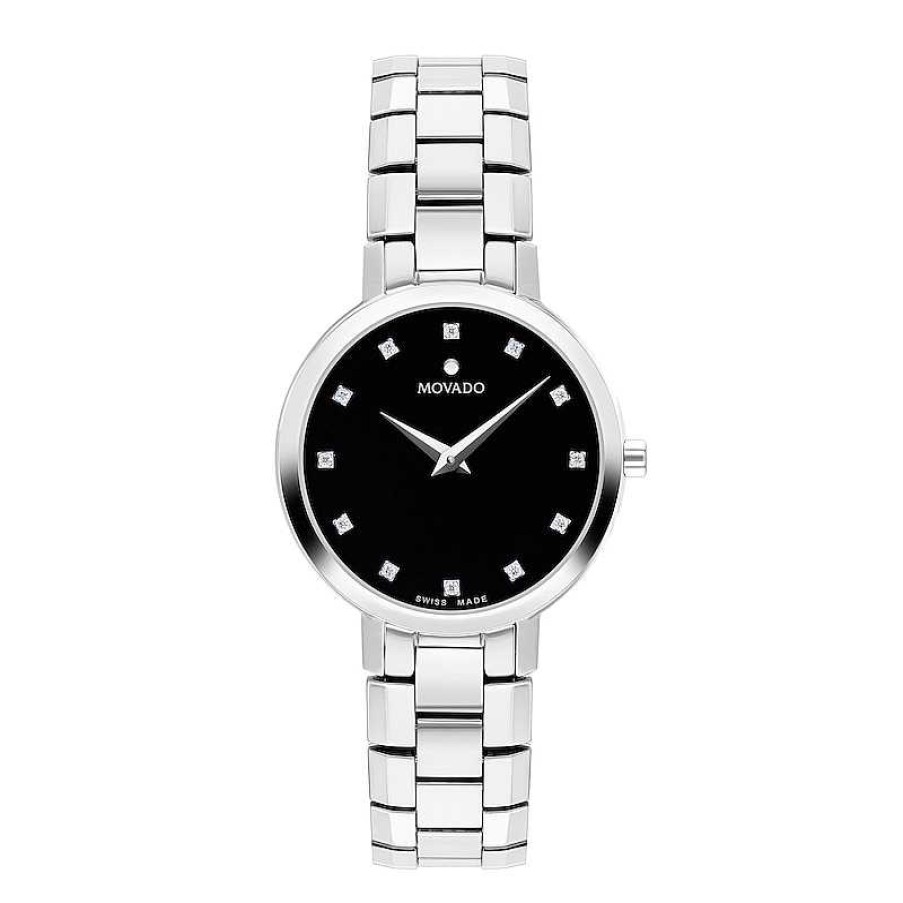 Movado Ladies' Movado Faceto 1/20 Ct. T.W. Diamond Watch With Black Dial (Model: 0607866) Watches