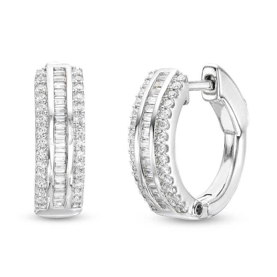 Zales Marilyn Monroe Collection 3/4 Ct. T.W. Baguette And Round Diamond Edge Huggie Hoop Earrings In 10K White Gold Earrings