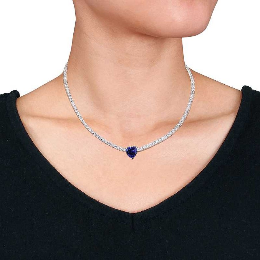 Zales 10.0Mm Heart-Shaped Blue Lab-Created Sapphire And White Lab-Created Sapphire Necklace In Sterling Silver - 15" Necklaces