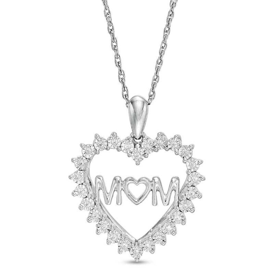 Zales 1/15 Ct. T.W. Diamond "Mom" Shadow Heart Pendant In Sterling Silver Necklaces