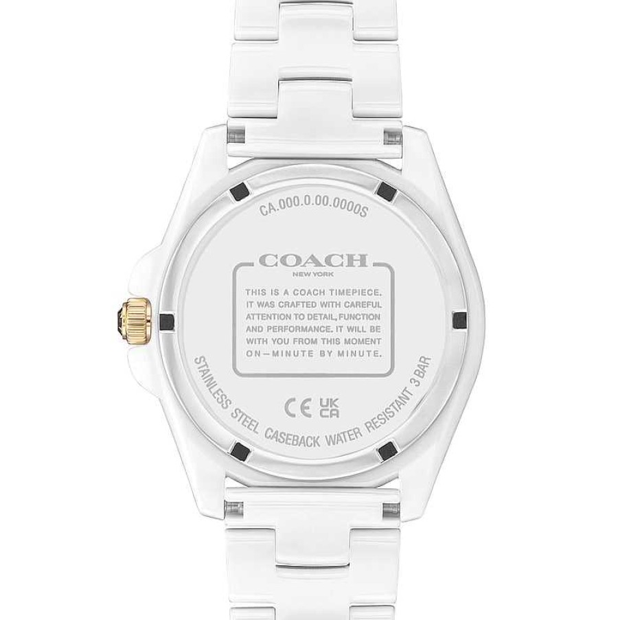 Coach Ladies' Coach Greyson Multi-Color Crystal Accent Rainbow Bezel White Ceramic Watch With White Dial (Model: 14504019) Watches