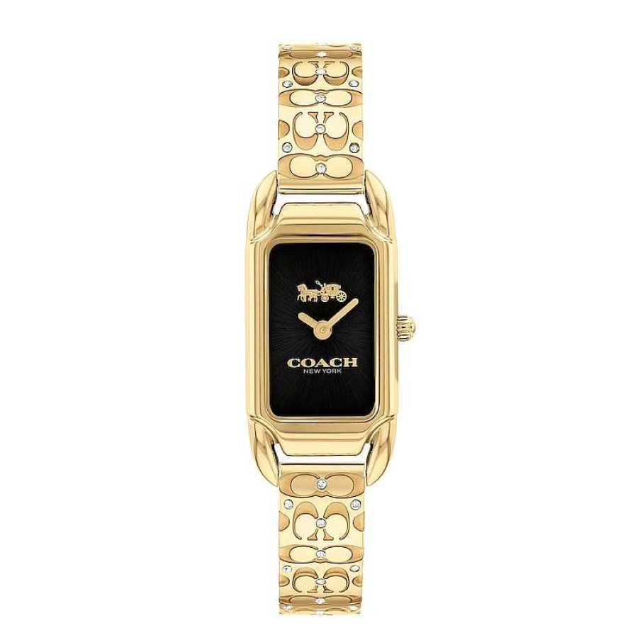 Coach Ladies' Coach Cadie Crystal Accent Gold-Tone Ip Bangle Watch With Rectangular Black Dial (Model: 14504250) Watches