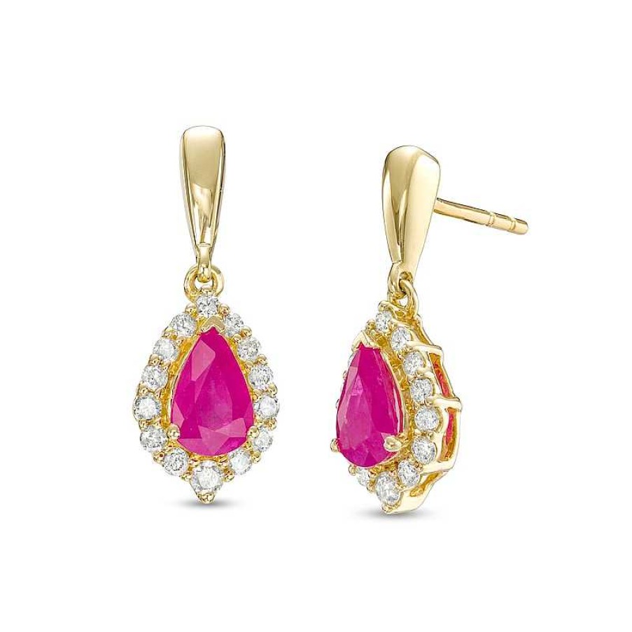 Zales Pear-Shaped Ruby And 1/4 Ct. T.W. Diamond Frame Drop Earrings In 10K Gold Earrings