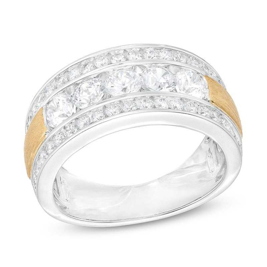 Zales Men'S 2 Ct. T.W. Certified Lab-Created Diamond Border Five Stone Wedding Band In 14K Two-Tone Gold (F/Vs2) Rings