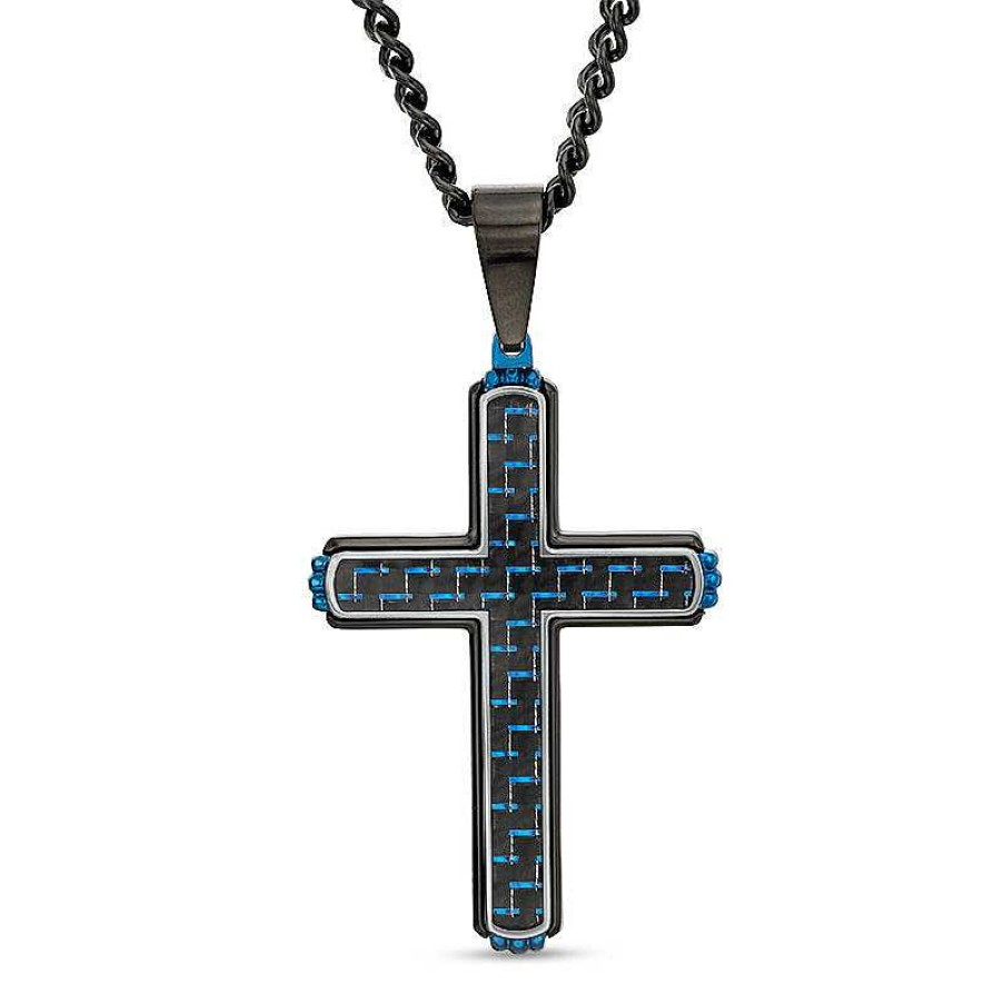 Zales Men'S Two-Tone Carbon Fiber Cross Pendant In Stainless Steel And Black And Blue Ip - 24" Necklaces