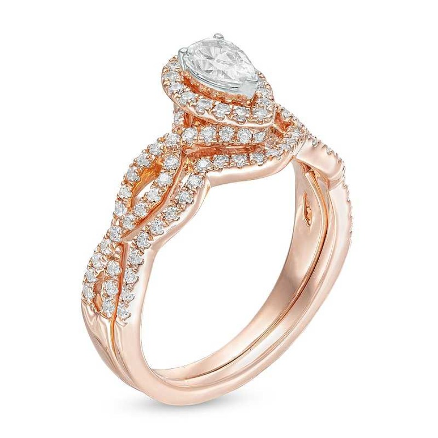 Zales 1 Ct. T.W. Pear-Shaped Diamond Frame Twist Split Shank Bridal Set In 14K Rose Gold Rings