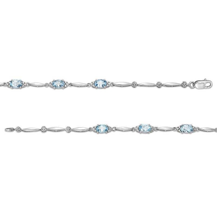 Zales Oval Aquamarine And Diamond Accent Station Bracelet In Sterling Silver - 7.25" Bracelets