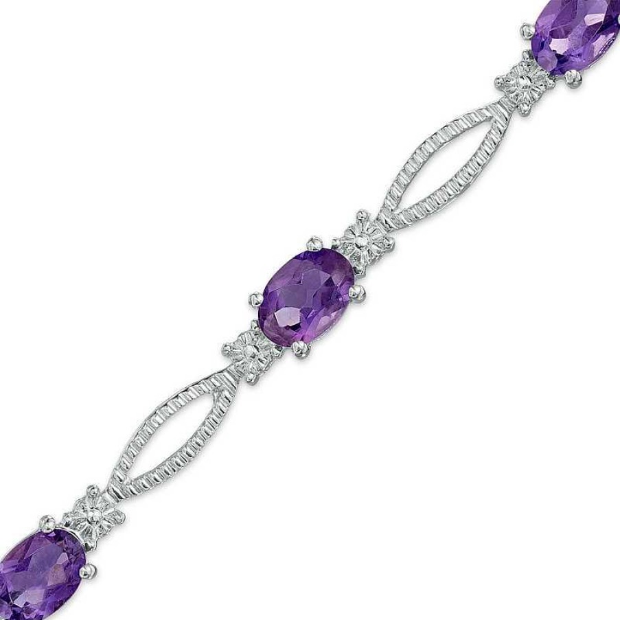 Zales Oval Amethyst And Diamond Accent Textured Marquise Bracelet In Sterling Silver - 7.25" Bracelets