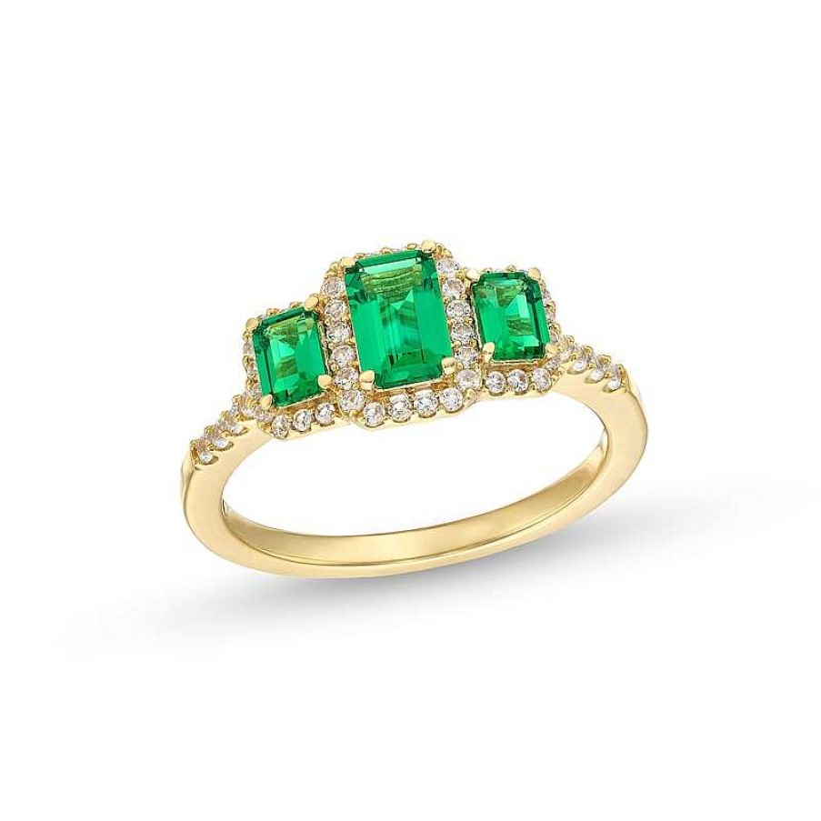 Zales Emerald-Cut Lab-Created Emerald And 1/4 Ct. T.W. Diamond Frame Three Stone Ring In 10K Gold Rings