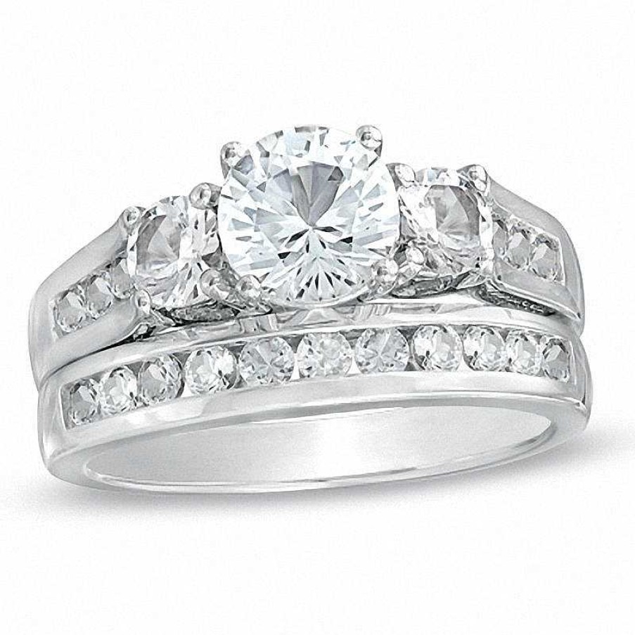 Zales White Lab-Created Sapphire Channel Three Stone Bridal Set In Sterling Silver Rings