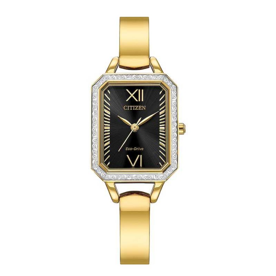 Citizen Ladies' Citizen Eco-Drive® Silhouette Crystal Gold-Tone Bangle Watch With Rectangular Black Dial (Model: Em0982-54E) Watches