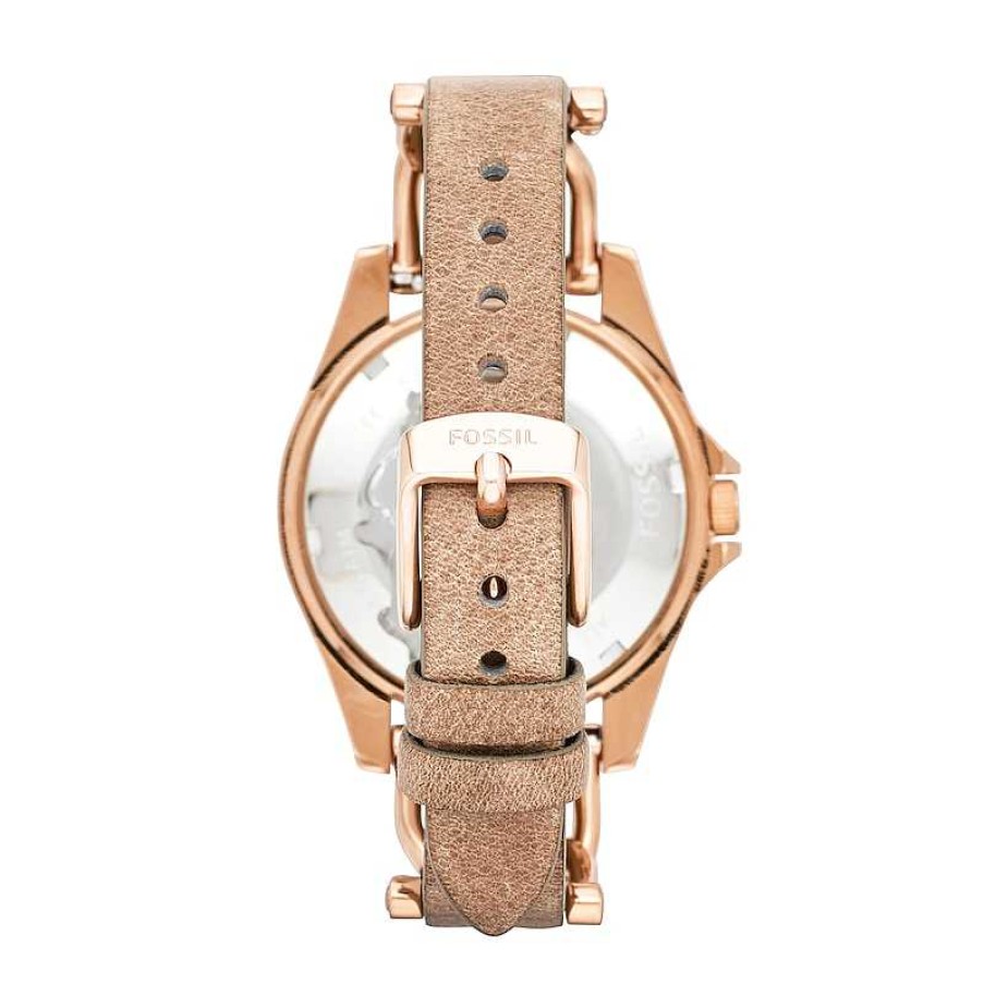 Fossil Ladies' Fossil Riley Crystal Accent Rose-Tone Chronograph Pink Leather Strap Watch With Champagne Dial (Model: Es3466) Watches