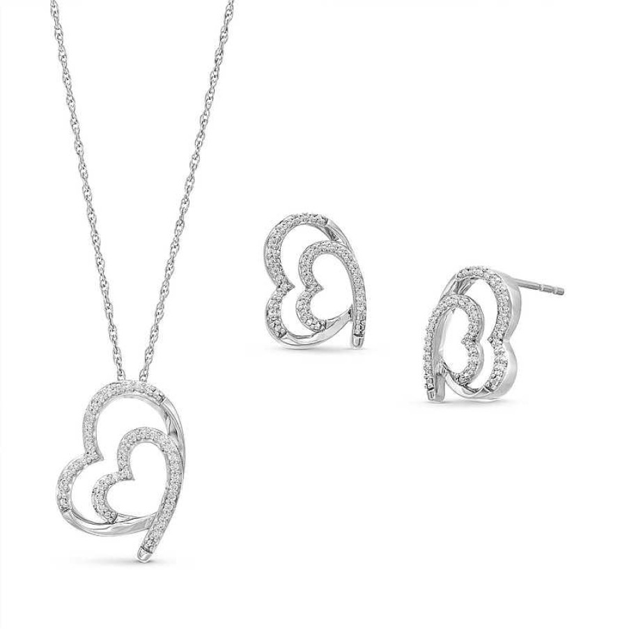 Zales 1/4 Ct. T.W. Diamond Tilted Heart Pendant And Stud Earrings Set In Sterling Silver Earrings