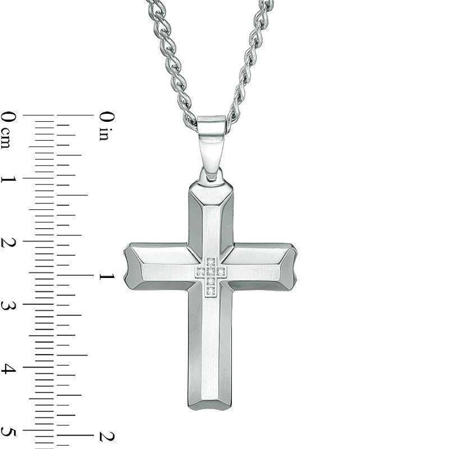 Zales Men'S 1/20 Ct. T.W. Diamond Satin-Finish Bevelled Edge Cross Pendant In Stainless Steel - 24" Necklaces